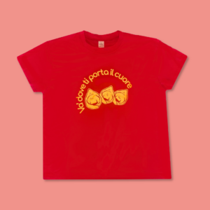 Maglia rossa con disegno tortellini e scritta